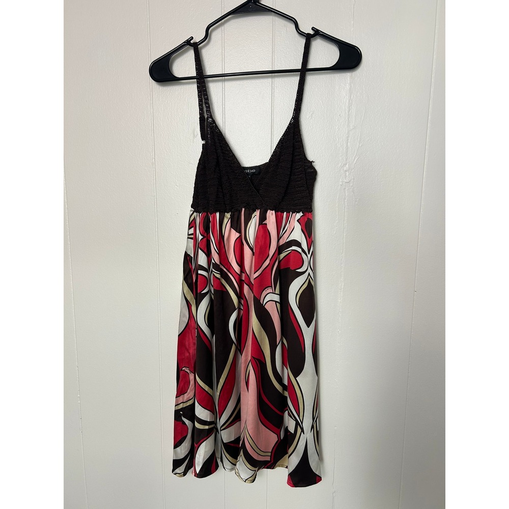 Vintage Y2k Bebe Brown Crochet Top Dress Retro Mod Swirl Print Mini Dress Sz M